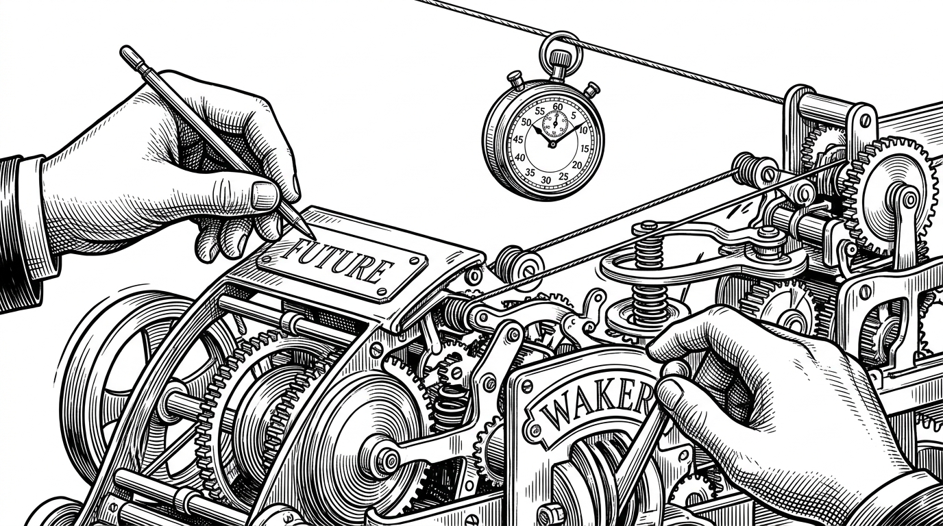 A close-up mechanical relay machine shows a handwritten Future plate, a Waker lever, and a suspended timer mechanism waiting for a signal wire to pull it back into motion. The image explains how Rust async is a contract between state, wakeups, and execution.