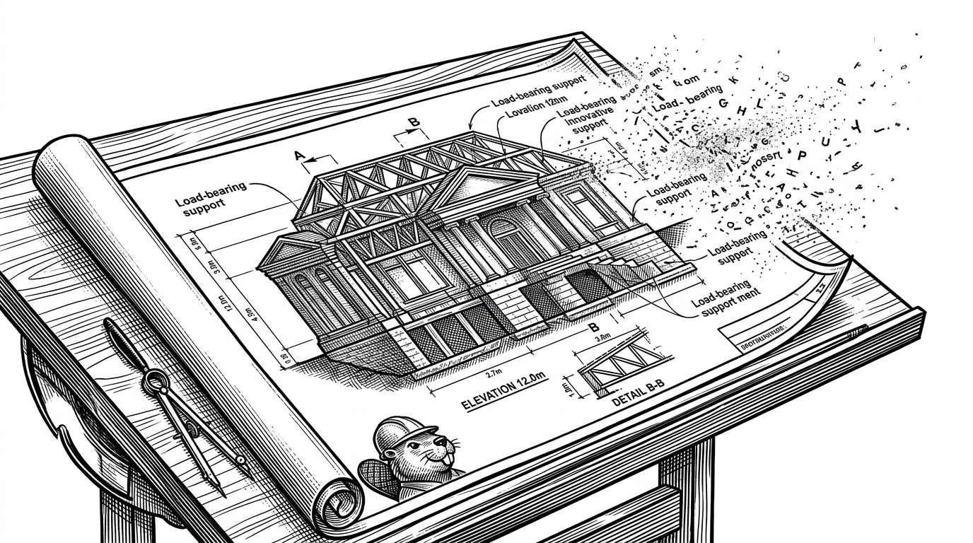 An architectural blueprint where the structural lines remain solid, but the text annotations are blowing away like dust.