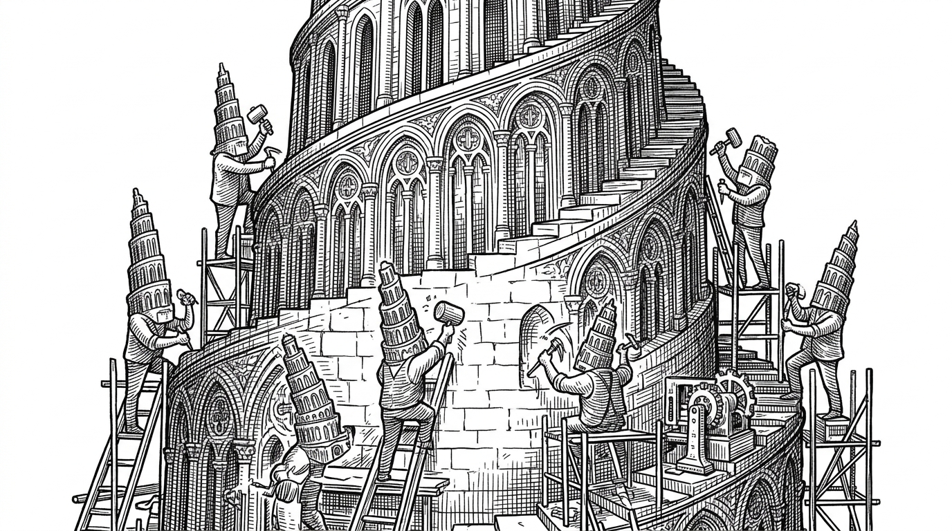 A massive stone tower being carved by smaller versions of itself, representing the self-hosting nature of the TypeScript compiler.