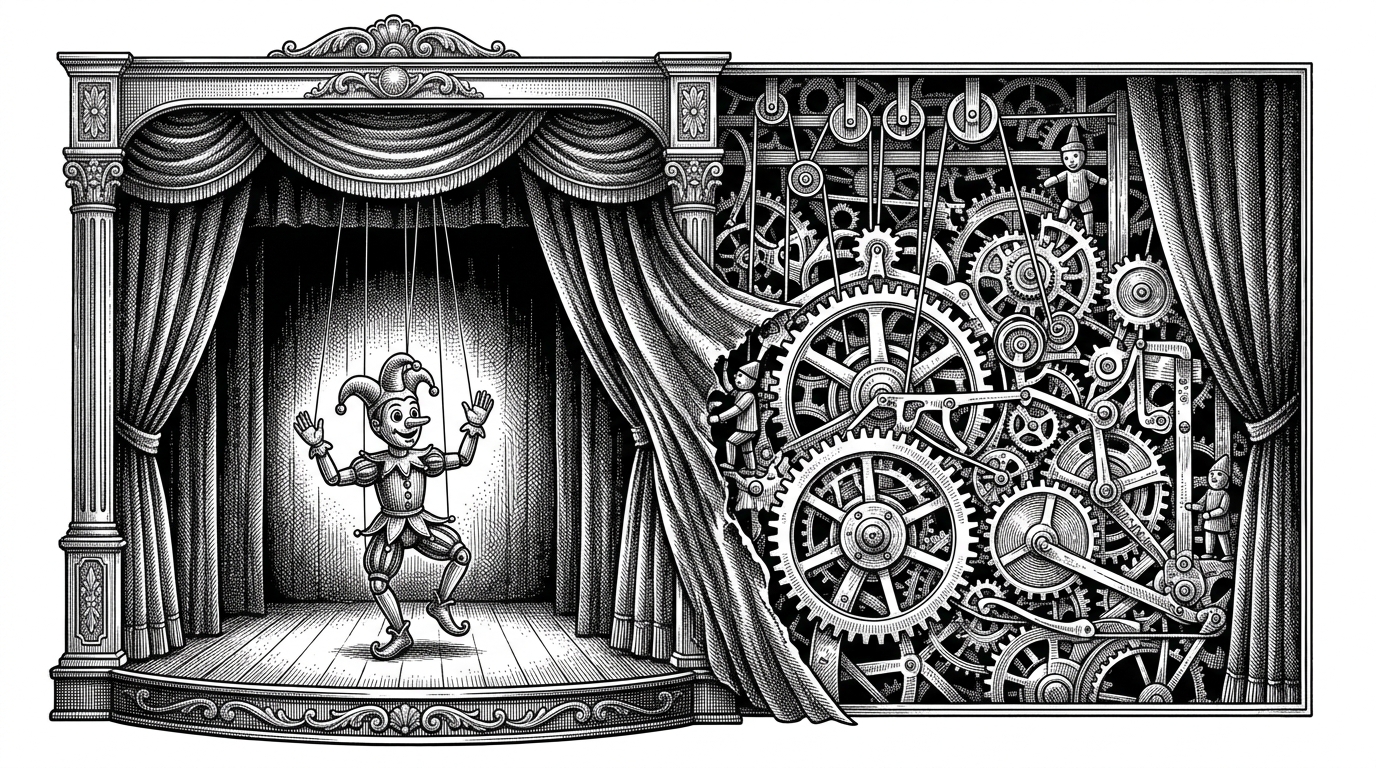 A puppet theater where a simple wooden puppet is manipulated by a massive, complex mechanical gear system.