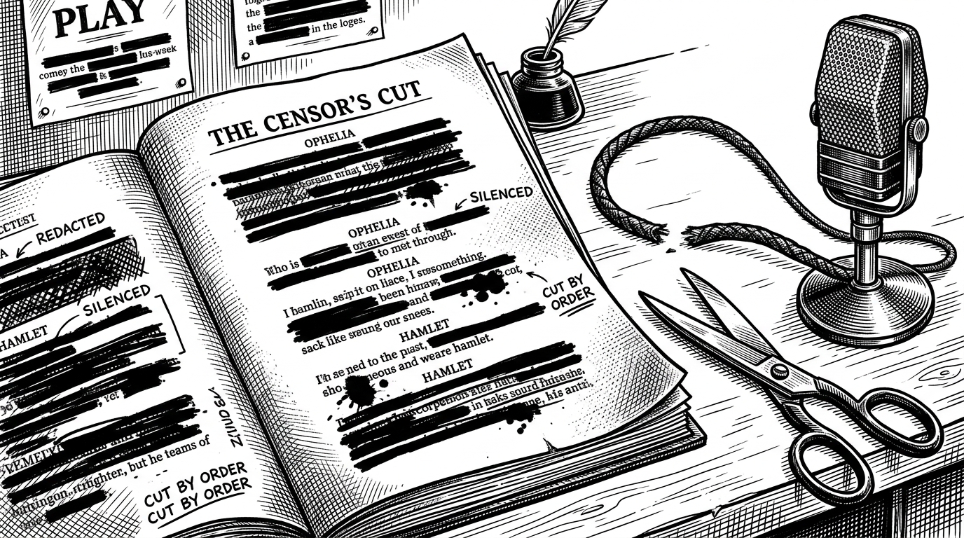 A heavily redacted theatrical script on a desk next to a vintage broadcast microphone with a severed cable.