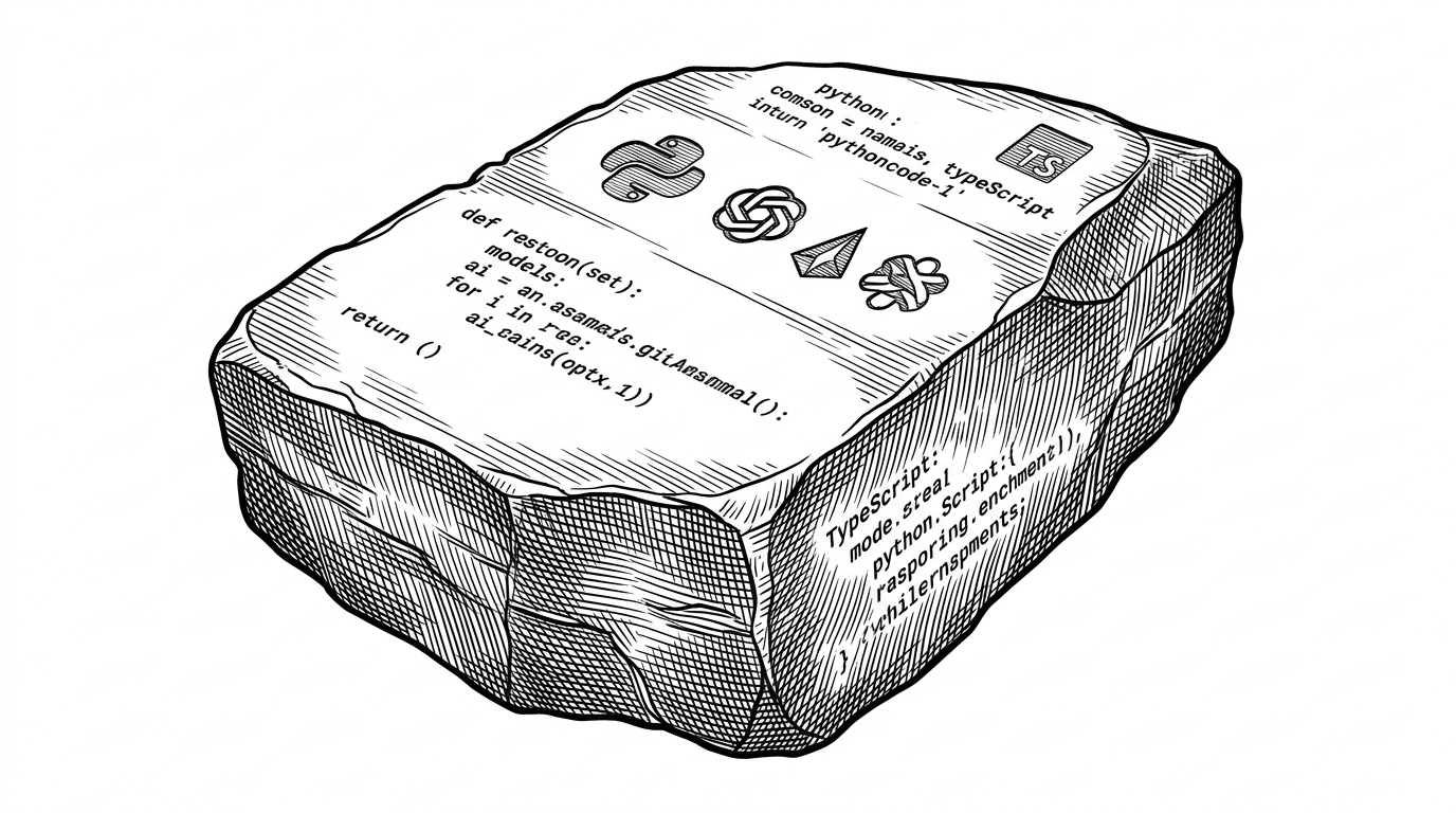 A massive stone monolith floating in a digital void with code snippets carved into its faces, illustrating the concept of a universal adapter for AI.