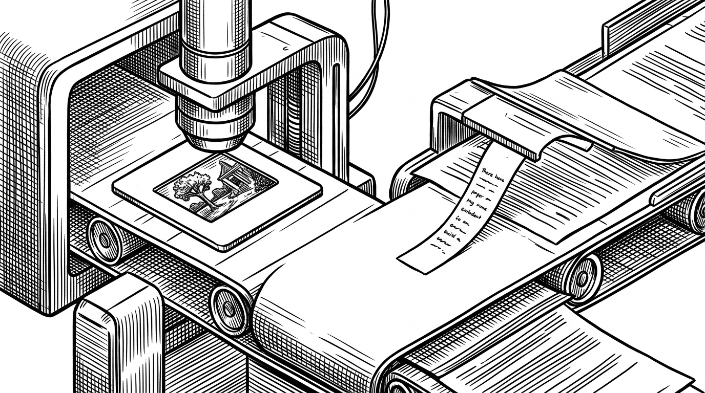 A close-up document pipeline shows a slide or file fragment passing through a compact vision station, where a lens inspects an embedded image and a caption is written into the output stream. The image explains how MarkItDown can enrich documents by calling an LLM during conversion rather than only extracting raw text.