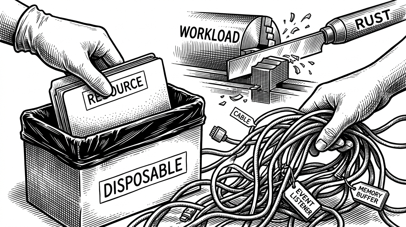 A close-up of a hand placing a resource into a sealed container marked as disposable, while cables and event listeners are kept from dangling across the frame. The image explains that VS Code depends on explicit teardown discipline to avoid leaks and slowdowns in a long-running desktop app.