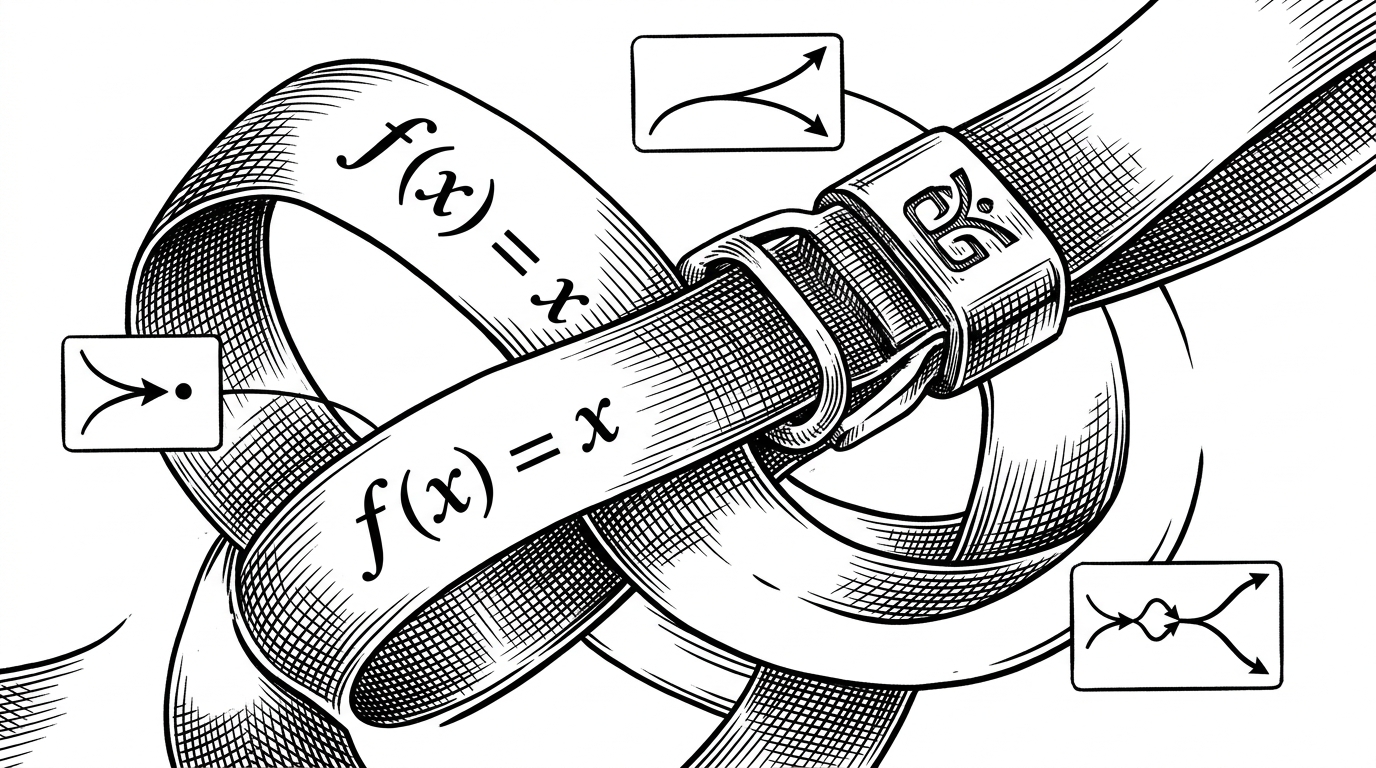 A close-up of a fixed-point knot where a ribbon loops through a clasp labeled with a recursive form. Small cards around it indicate fold, unfold, and refold, showing that different schemes reuse the same underlying shape.
