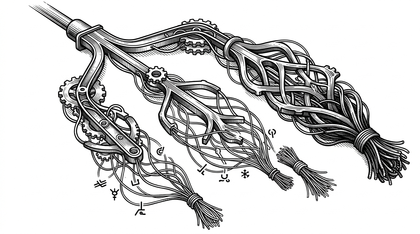 A close-up illustration of a branching detection board with three paths. One path is single tech match, another is workspace scan, and the third is combo skill. Thin threads connect repository signals to a final bundled skill set, showing why combo detection is stronger than a simple one-to-one lookup.