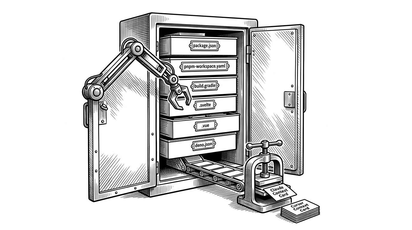 A wide editorial illustration shows a repository cabinet being opened by a mechanical inspection arm. Labeled drawers for common project files feed a small press that stamps out AI context cards for coding agents. The image explains that this tool turns repository signals into installable knowledge.