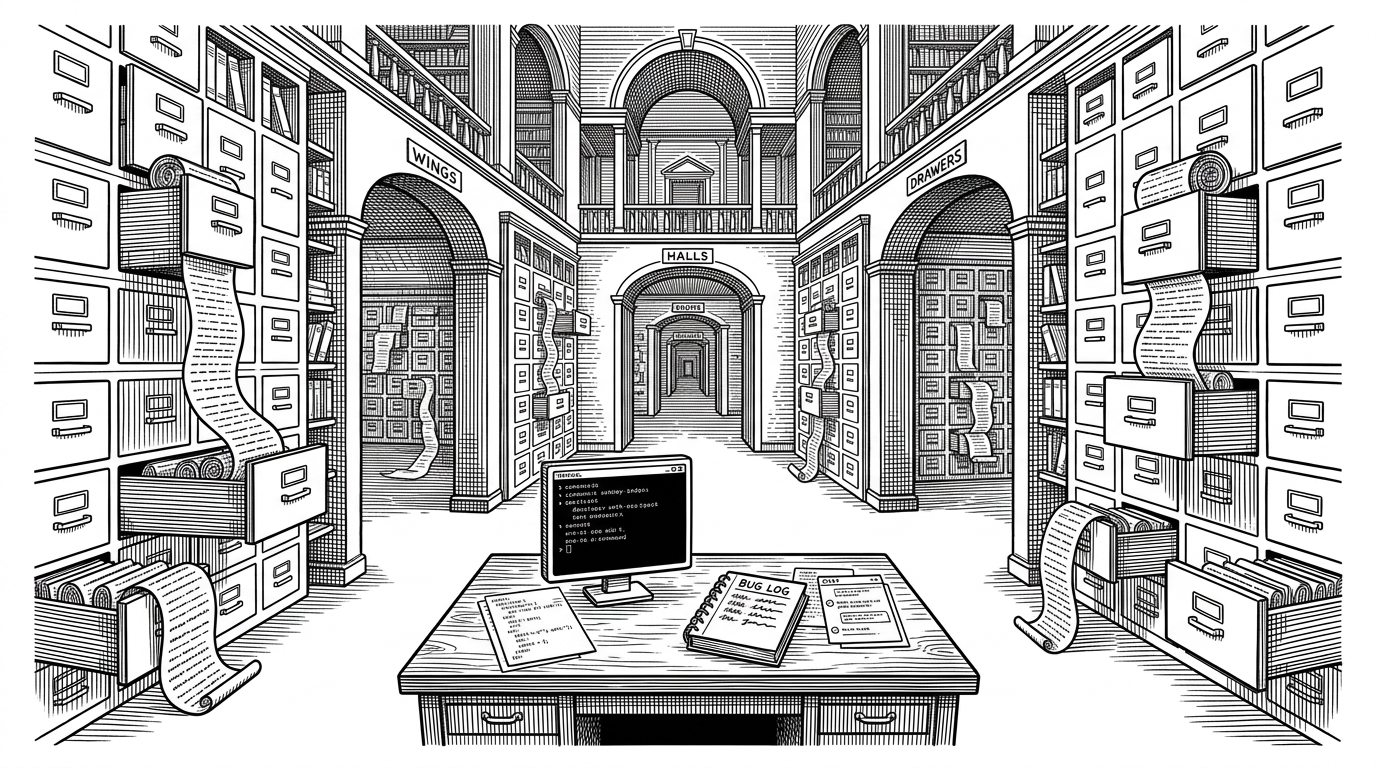 A sprawling library shaped like a memory palace, with a central desk holding developer artifacts and branching hallways labeled as nested archive spaces. The image explains that MemPalace organizes AI memory as a precise hierarchy instead of a flat pile of summaries.