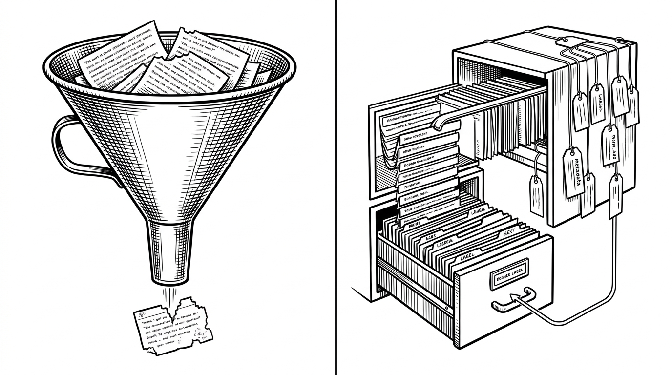 A close-up comparison of two memory pipelines. On one side, a summarizer crushes a conversation into a tiny note card with missing edges. On the other side, a drawer system keeps the full exchange intact as labeled strips that can be pulled back later. The image explains the tradeoff between compression and recoverability.