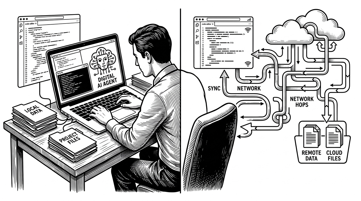 A split scene contrasts a laptop surrounded by local files, terminals, and a same-machine agent with a remote cloud container feeding a separate editor through sync arrows. The image explains why local execution changes privacy, latency, and context.