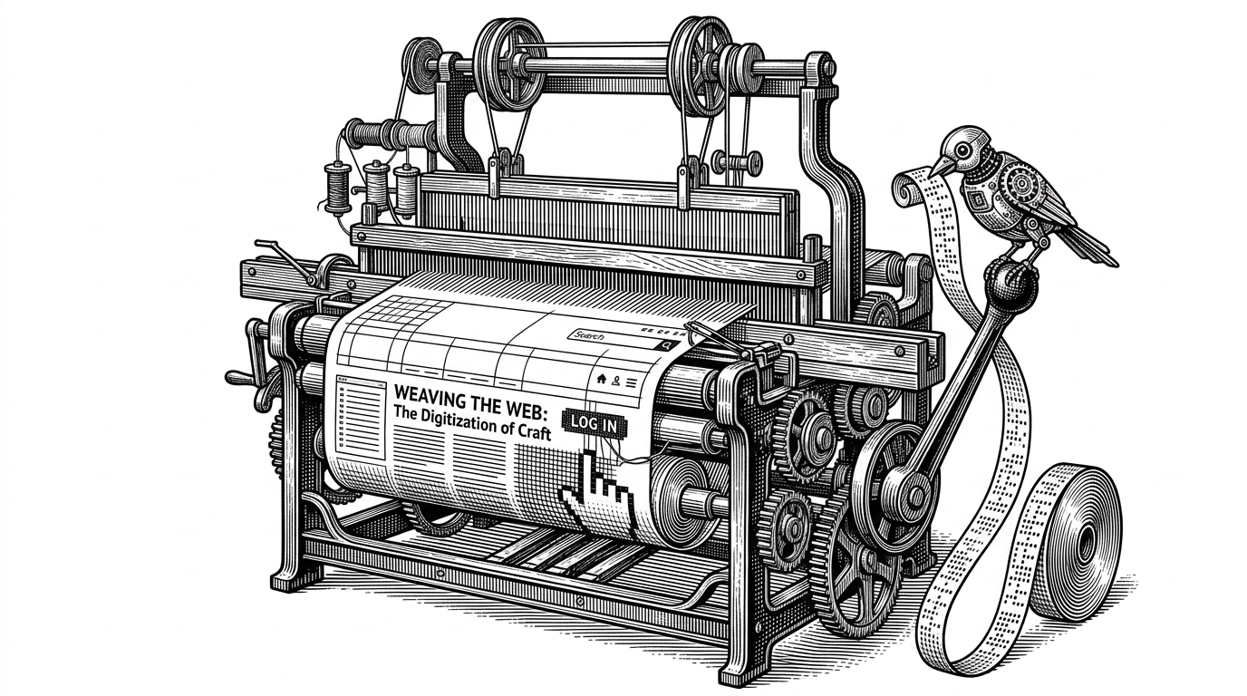 An illustration of a mechanical loom weaving a digital webpage, controlled by a robotic bird reading from punched paper tape.
