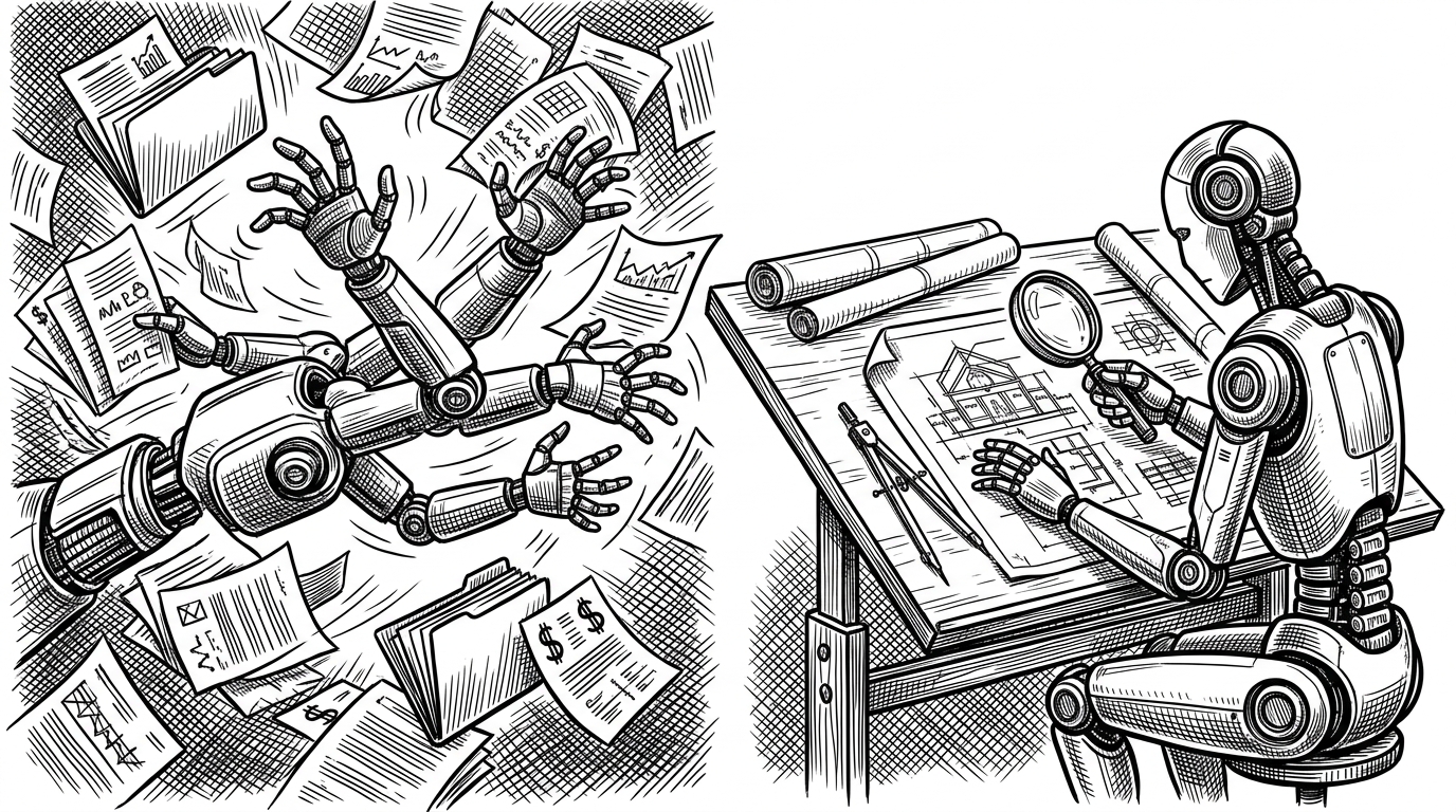 A split illustration comparing a robotic arm wildly grabbing scattered documents on the left, with a robotic arm carefully inspecting a single blueprint on the right.