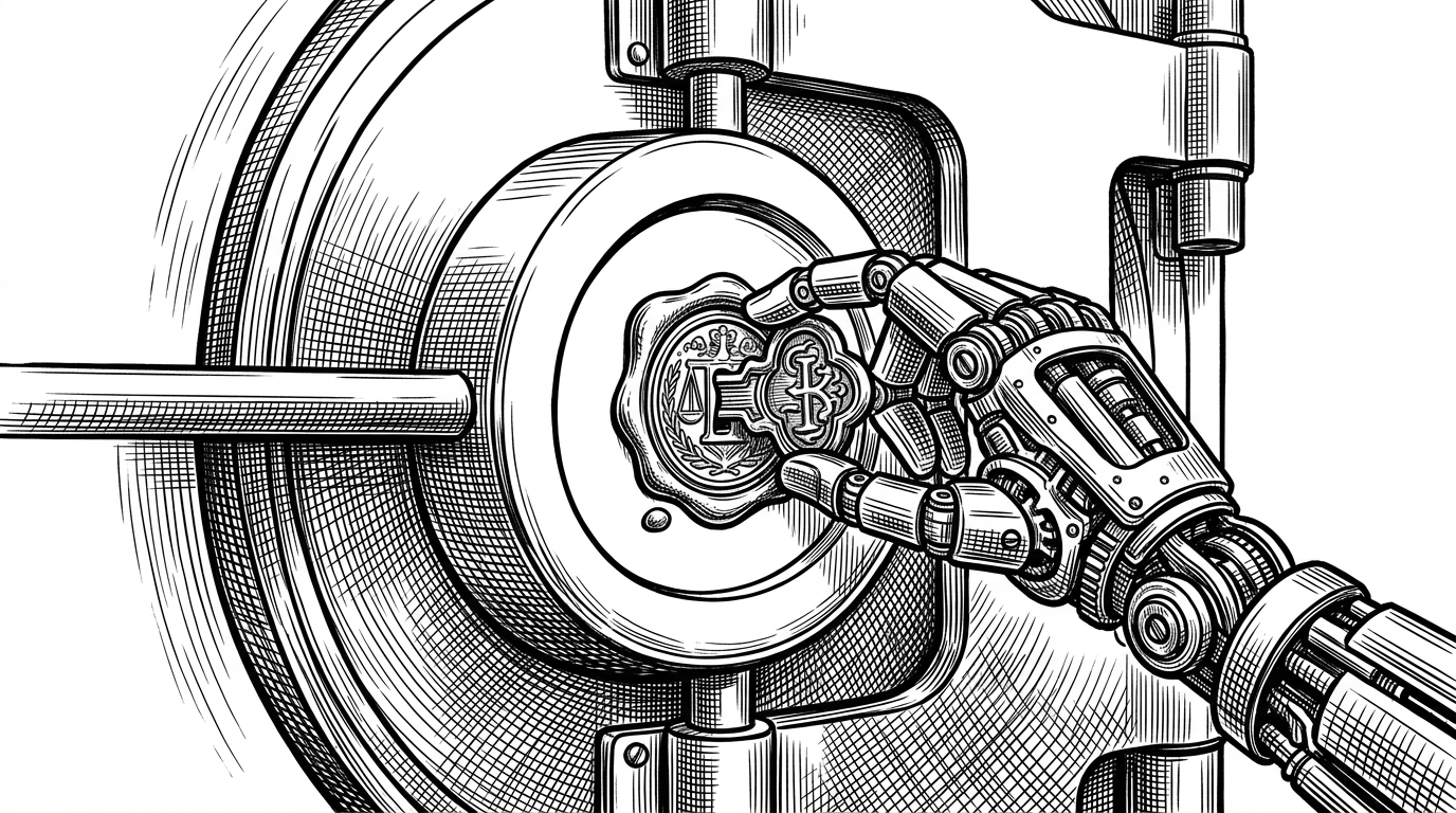 A close-up illustration of a heavy bank vault door being unlocked by a mechanical hand pressing a wax seal into a round indentation.