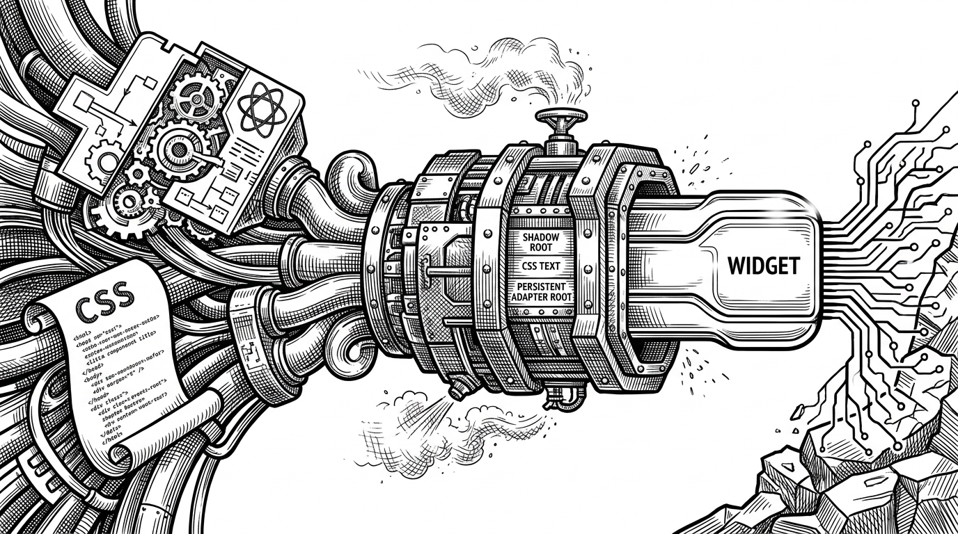 A close-up pipeline shows separate inputs like a stylesheet and a framework component entering an isolation chamber, then emerging as a self-contained deployable widget bundle. The image explains how `isolet` turns ordinary app code into something ready to mount safely in an unknown host page.