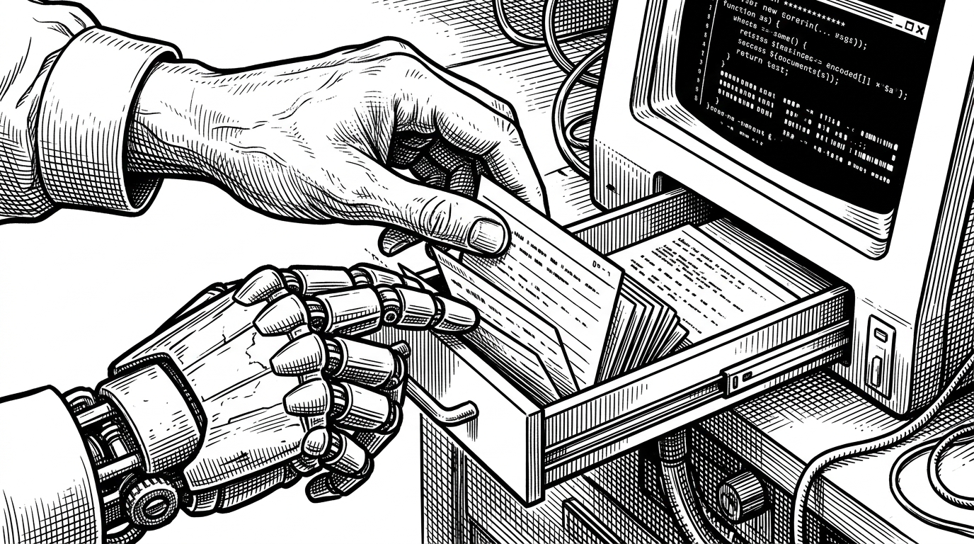 A close-up scene shows instruction cards being slid into a small drawer, then pulled toward a glowing terminal at the edge of the frame. The image explains how react-doctor turns rules into agent guidance, so the next suggestion starts from better defaults.