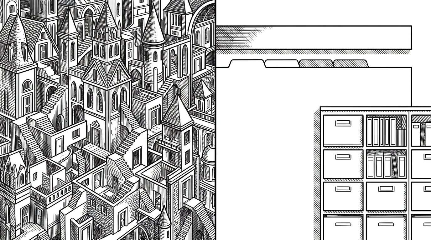 A split composition contrasts a sprawling platform on one side with a sparse repository facade on the other. The first is crowded with rooms and corridors, while the second uses only a few essential forms, showing how a smaller surface can still feel familiar.