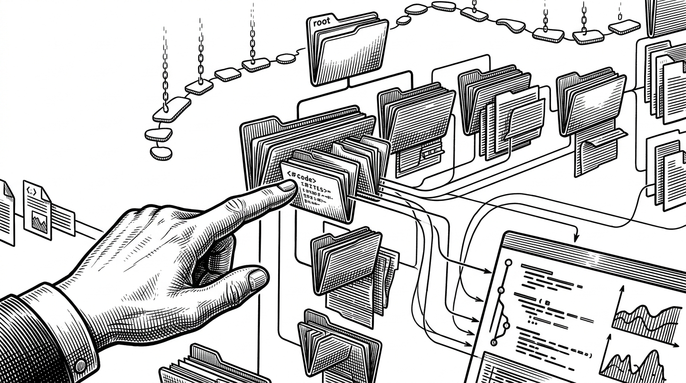 A close-up of a file explorer with breadcrumbs, nested folders, and a content pane linked by thin lines. The view makes the explorer look like the command center of the interface, not a decorative panel on the side.