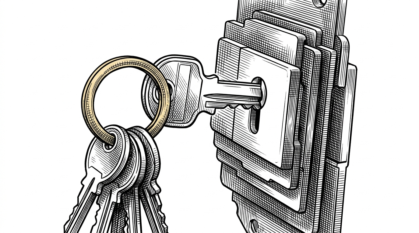 A close-up scene shows one brass key being tested against a layered lock face, with several unused keys hanging in soft shadow behind it. It explains that tweaker succeeds by finding one precise match instead of forcing every hardware shape through the same opening.