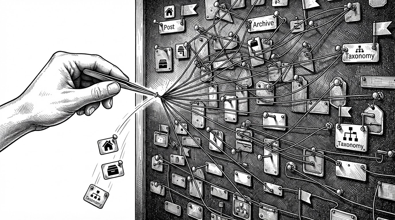 A close-up view of a cache registry board with pinned entries connected by small metal flags. Some pins are tagged as post, archive, or term relationships, and one pin has been pulled so only its connected entries are released while others remain fixed. The image explains how MilliCache uses flags to make invalidation tactile and selective.