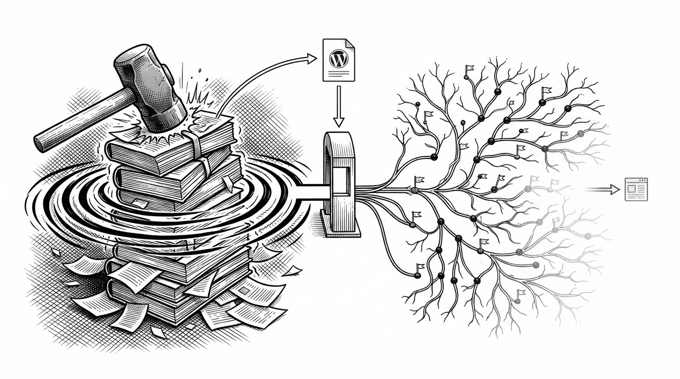 A wide editorial scene showing a WordPress request entering a forked control gate. One path is a blunt clear-all lever that washes over many page stacks. The other path is a branching network of tagged cache nodes where only the affected archives and taxonomy branches fade out. The image explains that MilliCache treats invalidation as a precise graph, not a site-wide reset.