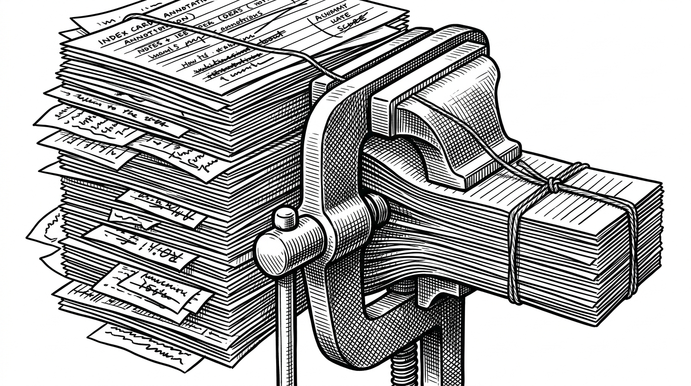 A dense stack of note cards is compressed into a thinner bundle while a thread continues through the new summary. It visualizes how long sessions stay coherent when history is compacted instead of simply truncated.