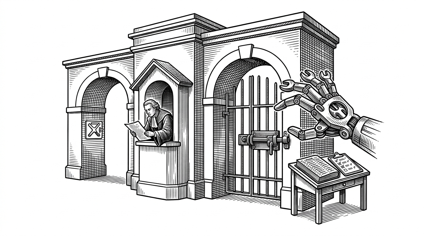 A gatehouse with three lanes that routes tool requests into separate allow, ask, and deny paths. A tool-shaped hand reaches toward the gate while a ledger records every decision, showing that agent actions are governed by explicit permissions.
