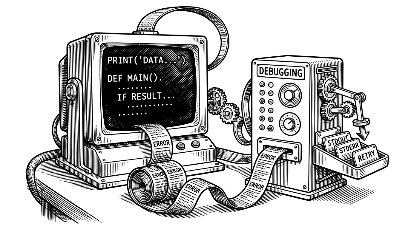 A close-up editorial illustration of a terminal window running generated Python code. Error messages stream out of stderr into a debugging panel, then loop back into a code editor that is being revised. A small tray labels stdout, stderr, and retry. It explains how Medea self-corrects during execution instead of stopping at the first failure.