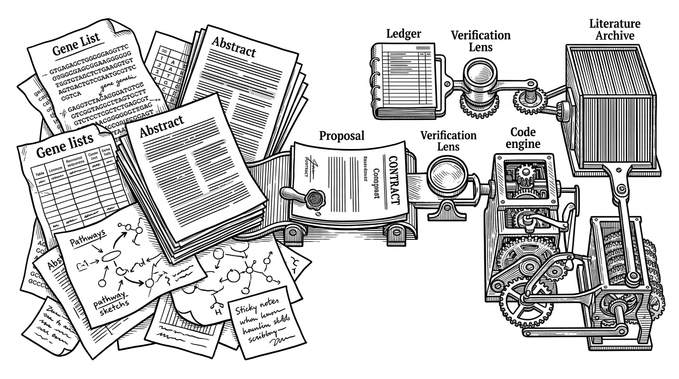A wide editorial illustration of a researcher’s desk split into two worlds. On one side are scattered gene lists, paper printouts, and sticky notes. On the other side is a clean machine-like workflow where a proposal document moves through verification, code execution, and literature review. It explains that Medea turns biological intent into a controlled analysis pipeline.