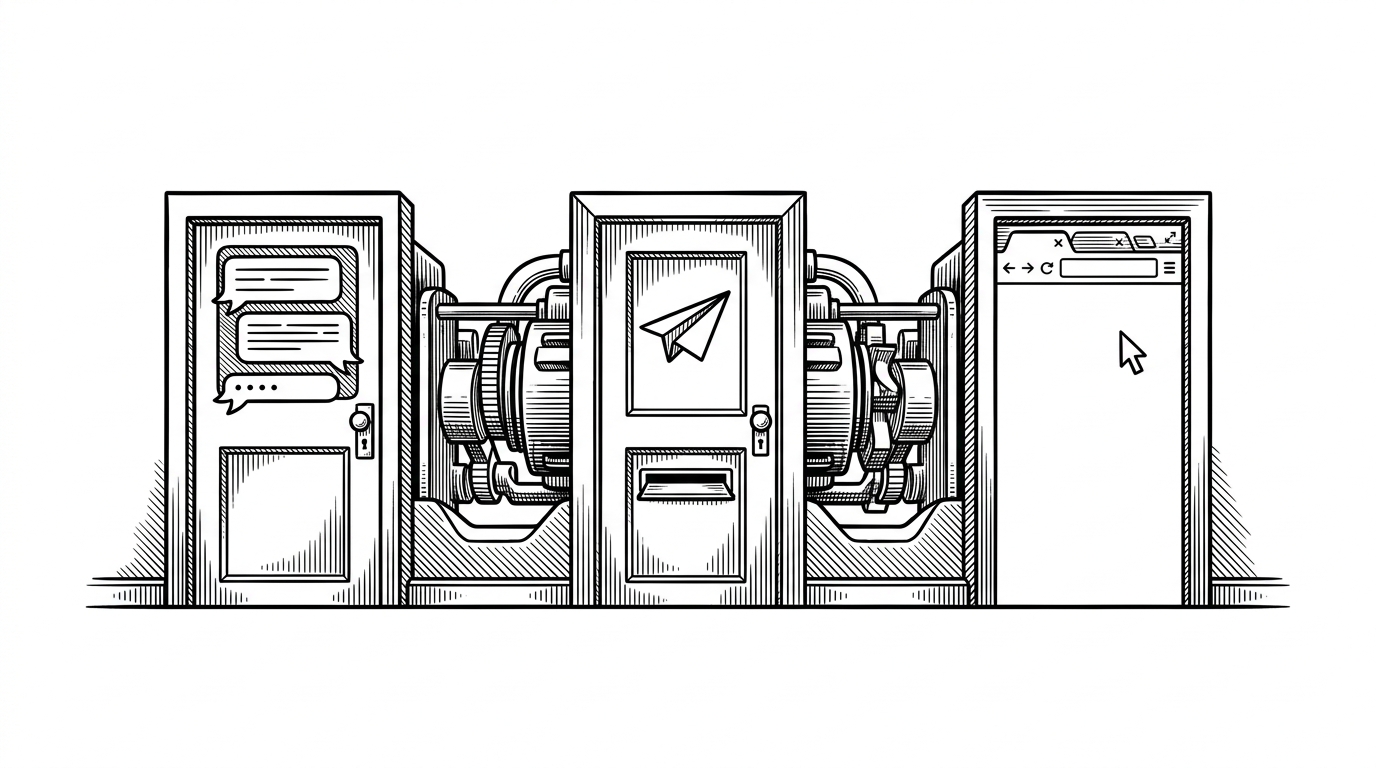 Three different message surfaces feed into a single central engine. One looks like a chat app, one looks like a messenger pipeline, and one looks like a browser dashboard, but all of them connect to the same shared core. It explains how Minusbot treats channels as front doors rather than separate brains.