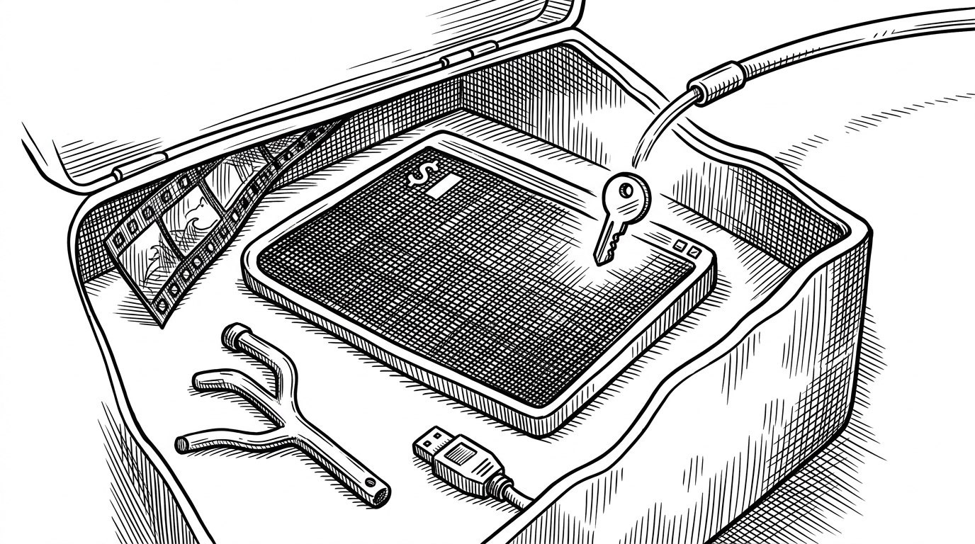 A close-up shows a containerized terminal workspace surrounded by specialized tools, with a narrow sealed conduit dropping a credential into the workspace only when needed. It explains how Minusbot packages capabilities as isolated skills instead of baking them into the host system.