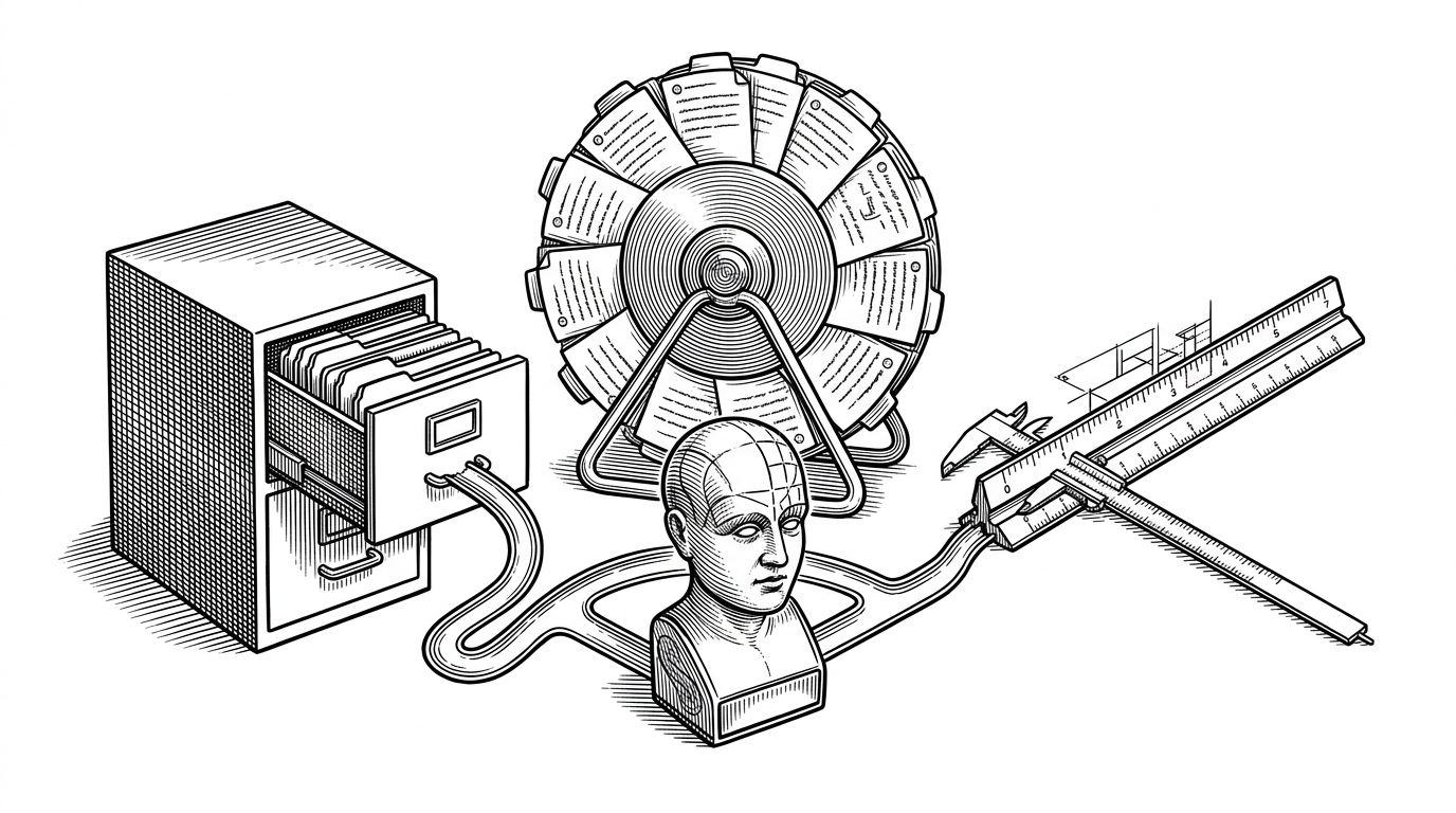 A close-up workbench scene shows three tools arranged around a small model head. A file cabinet labeled personas stands beside a rotating disk for conversations and a thin ruler representing an AST parser. Separate channels feed each tool into the model, showing how eGemma combines prompt files, memory, and code structure.