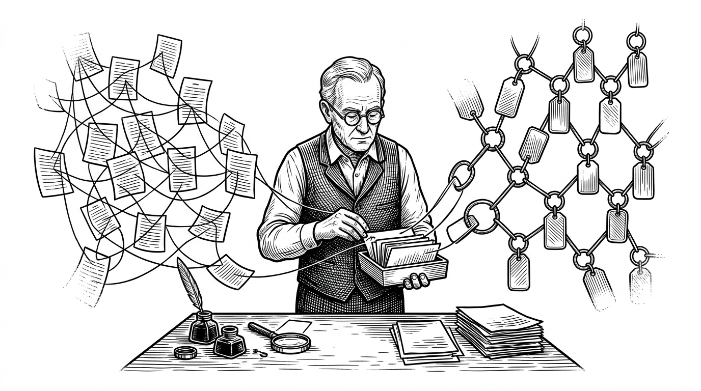 A lone archivist stands between a net of linked index cards and a stack of fading notes, choosing which ones to keep close to the workbench. The scene explains the project's central idea: memory is not just stored, it is scored, cooled down, and filtered before it reaches the model.
