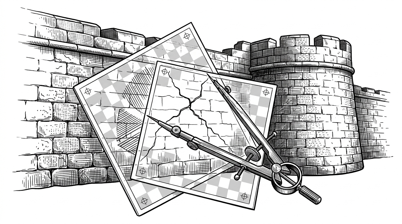 A weathered fort wall with two offset photo plates being aligned by drafting compasses and registration marks. The overlap reveals a faint crack only when the images are brought into the same frame, explaining why change detection starts with alignment rather than detection alone.