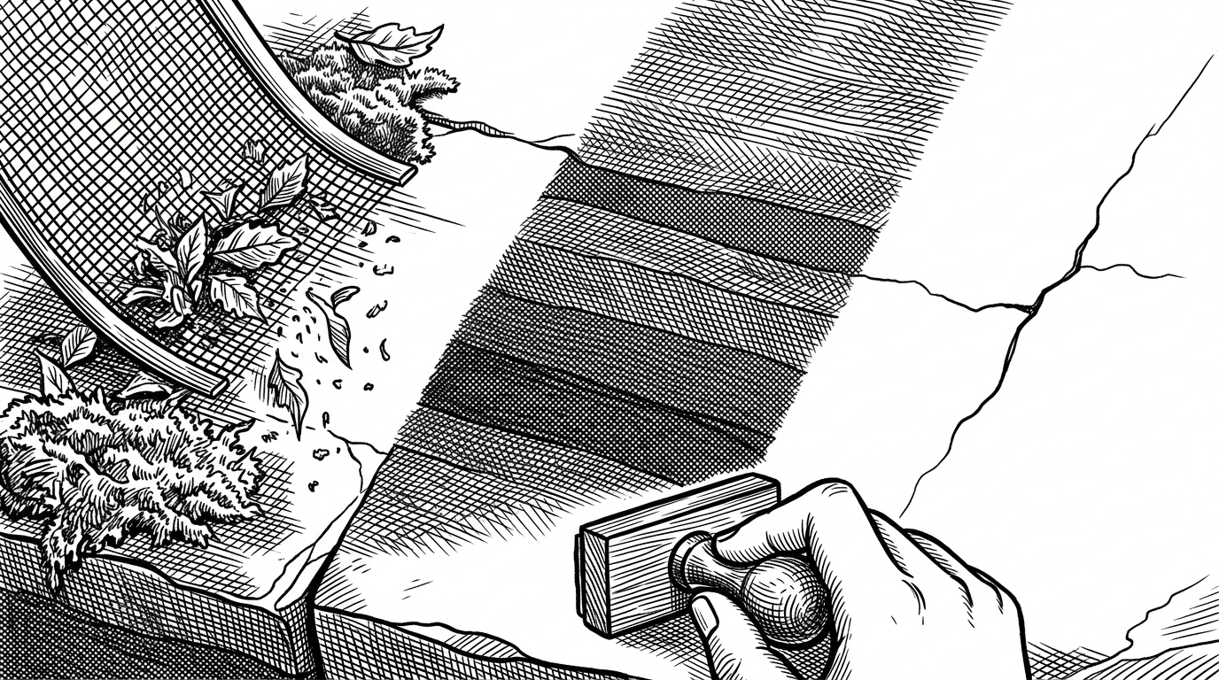 A close-up stone surface divided into three zones. On the left, moss and leaf clutter are swept away. In the center, texture bands are extracted as layered crosshatching. On the right, a thin crack emerges as an isolated line while a hand with a verification stamp waits outside the frame. This explains how the pipeline separates environmental noise from structural change.