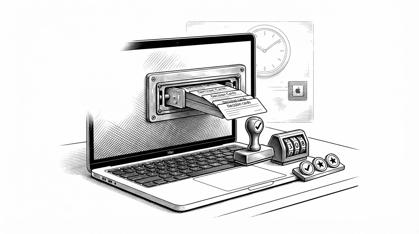 A Mac laptop sits on a white desk, but the screen is not a chat window. Instead, decision cards slide through a narrow mechanical slot, and the machine emits a checkmark, a score dial, and ranked option chips. The image explains that this runtime treats AI as a structured decision engine rather than a text generator.