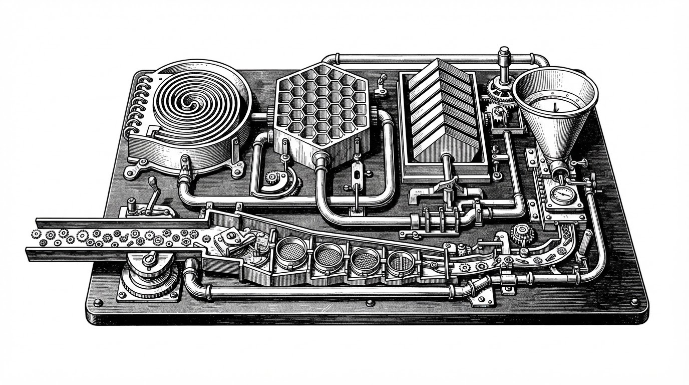 A close-up mechanical relay board shows four chambers connected by channels: state, question prefix cache, encoder, and decision head. A side corridor labeled shortlist trims a larger option set before the final chamber. The image explains how the runtime reduces wasted work by reusing prefixes and narrowing candidates before the expensive step.