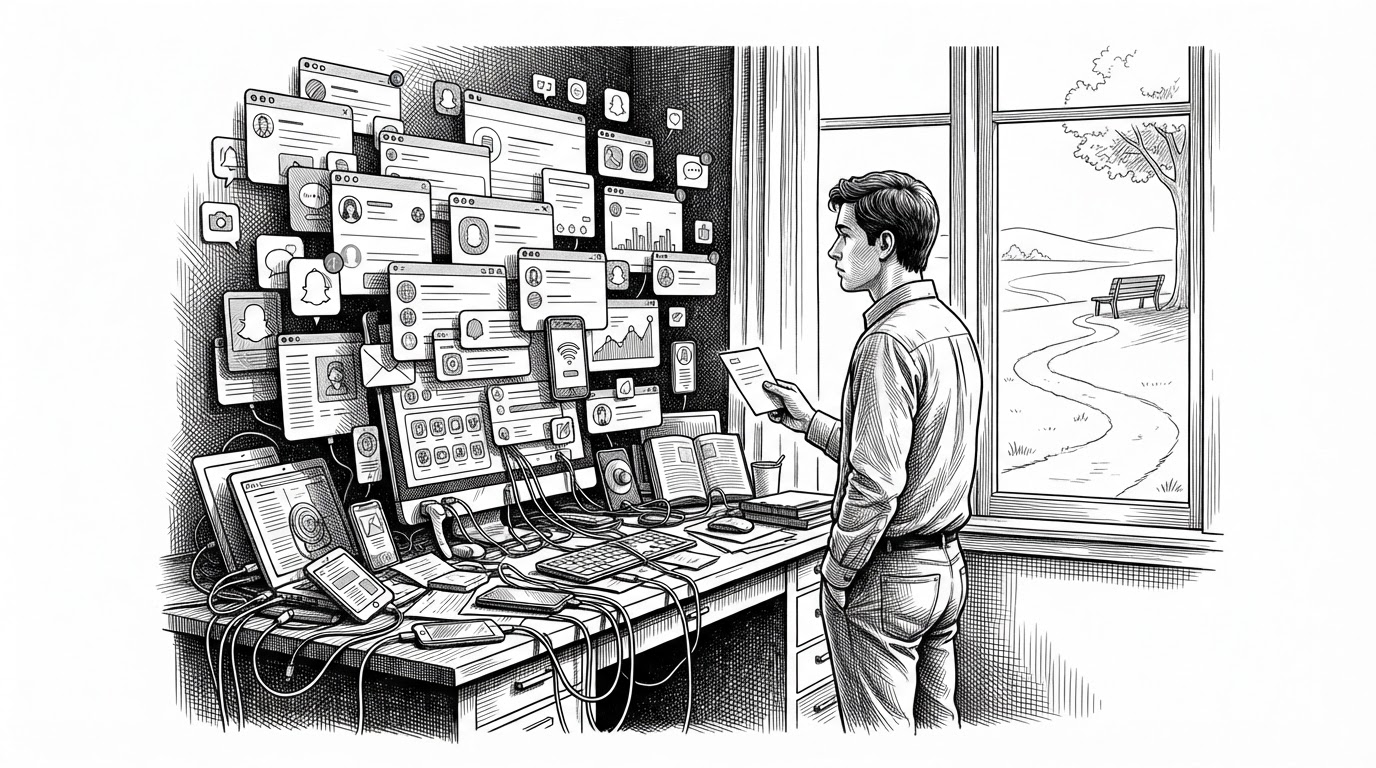 A person stands beside a desk packed with app windows, notification badges, and tangled cables while holding a paper quest card. Through the window, a simple path and trees wait outside. The scene explains the project’s inversion: AI is used to create a reason to leave the screen, not stay on it.