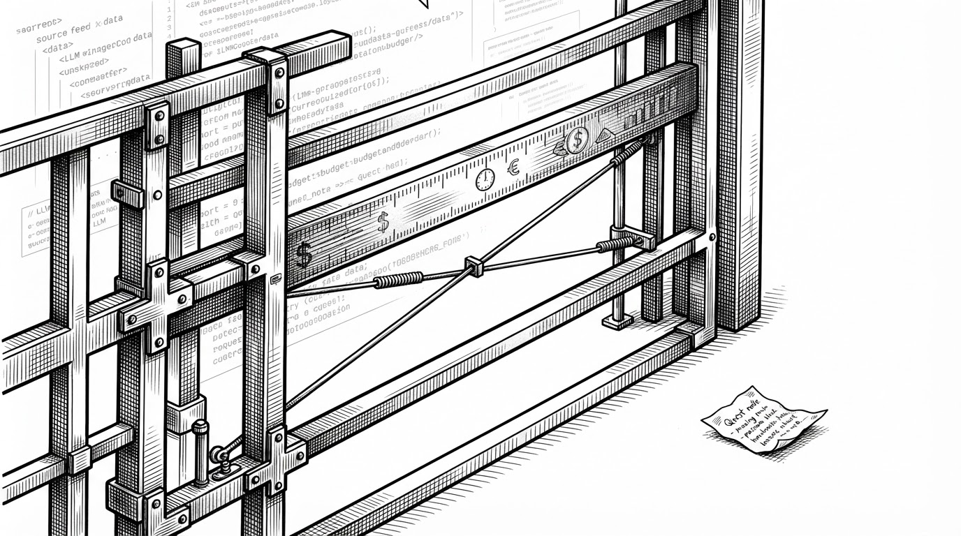 A close-up of three layered barriers blocks a small paper quest note from escaping: a schema gate, a tripwire, and a budget bar. A faint source feed sits behind the barriers. The image explains how the app treats model output as something that must survive multiple checks before it becomes a quest.