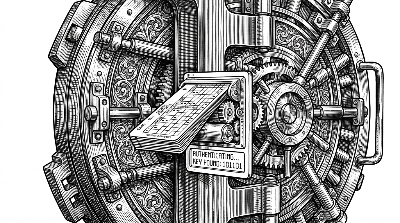 A bank vault door mechanism driven by punched cards. This illustrates declarative code acting as the ultimate security and access gate.