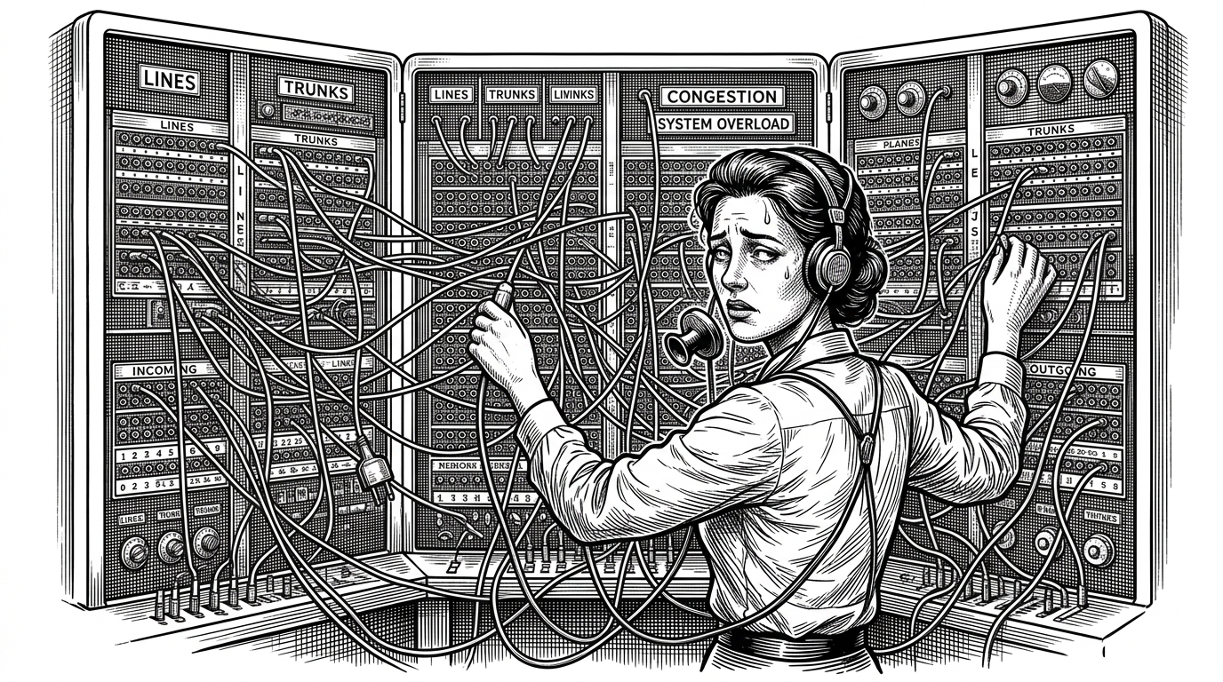 A vintage telephone switchboard operator tangled in cords. This represents the manual chaos of managing open-source access across multiple platforms.