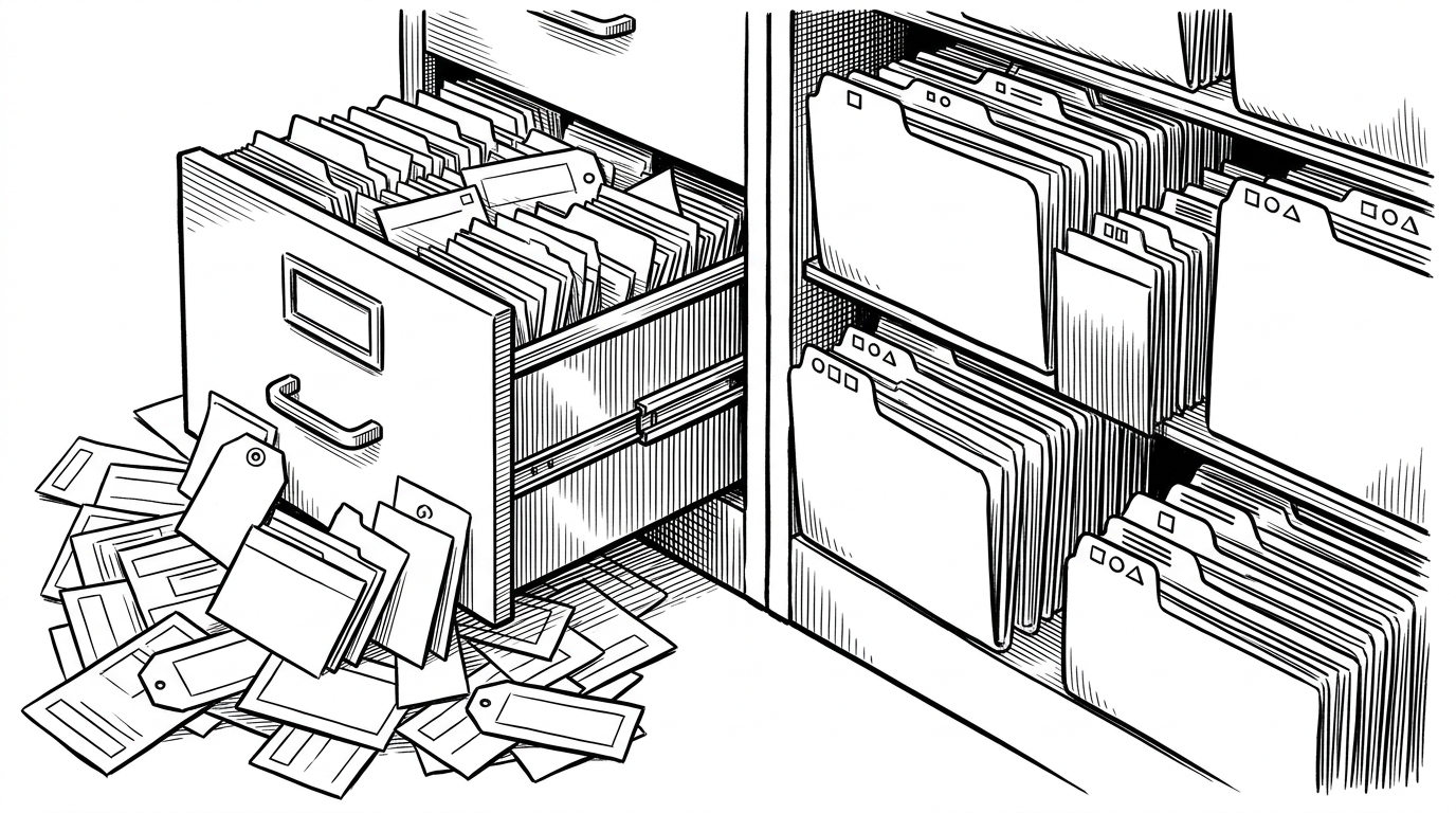 A crowded filing wall on one side and a neatly organized set of folders on the other. The image contrasts a flat pile of capabilities with a structured tree of grouped capabilities, showing why organization changes discovery at a glance.