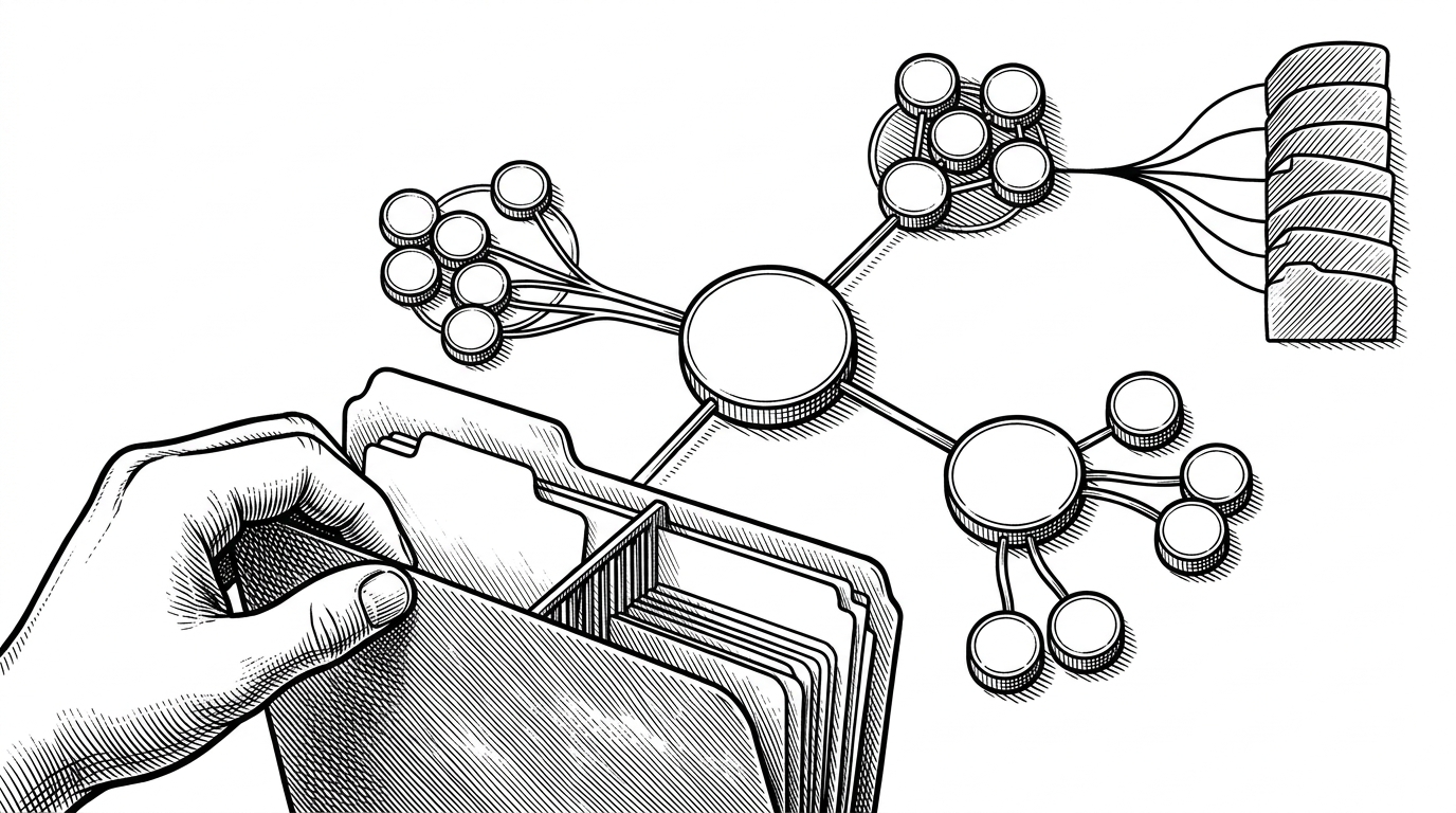 A close-up of a switchboard where one group node fans out into a few focused capability clusters. A hand opens a folder tab, and only the relevant cards inside light up while the rest stay dimmed behind a boundary.