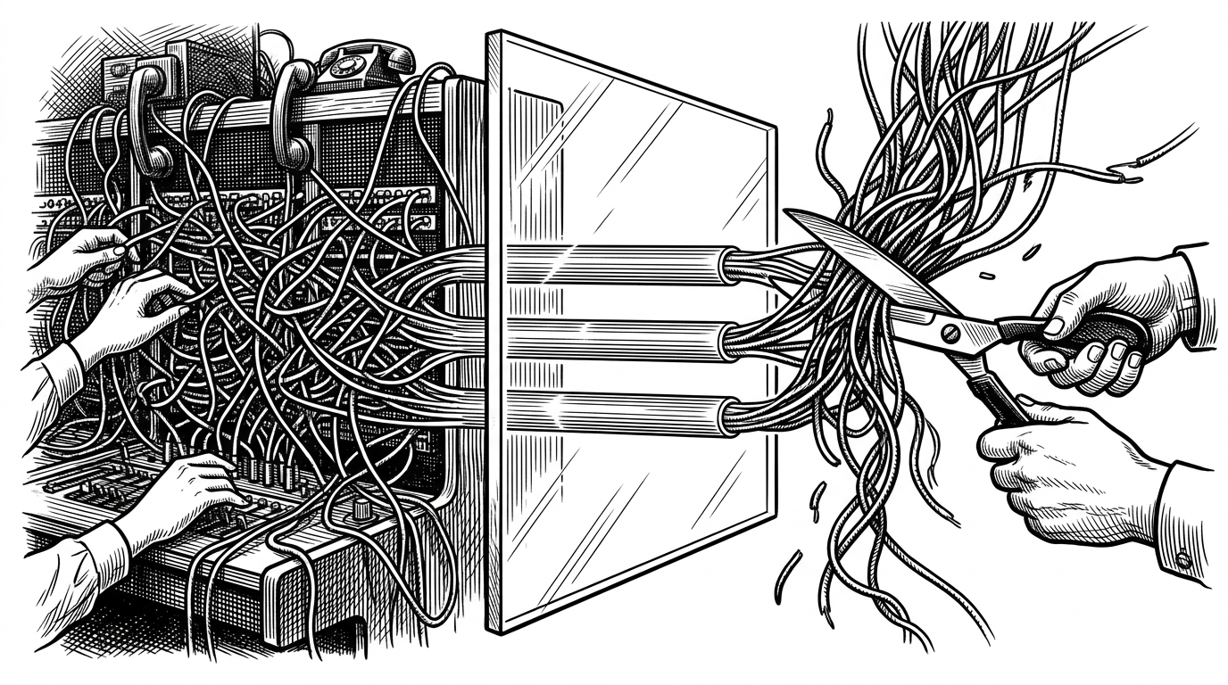 A chaotic telephone switchboard being replaced by clean, glowing layers of glass. This represents the transition from ad-hoc custom proxies to a standardized middleware layer.