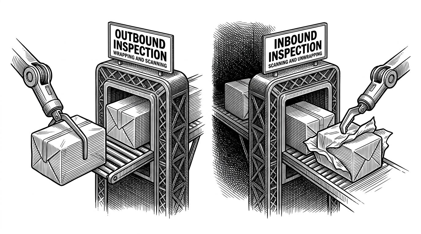 A split composition showing two conveyor belts handling packages differently based on direction. This illustrates the alternating execution order of mutation and validation.