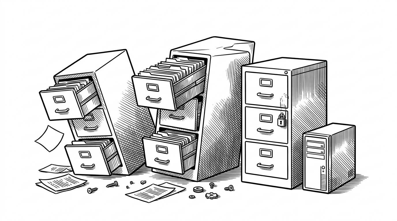 Three separate filing cabinets and stacks of paper collapse into one locked cabinet shared by a single server. The image explains the repo’s argument for atomic distribution, where code, skills, and metadata travel together instead of living in separate places.