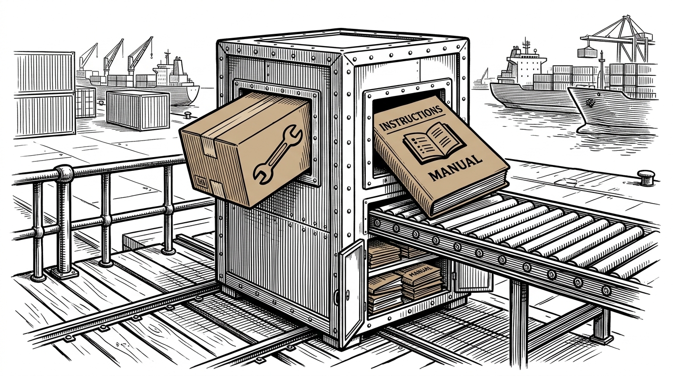 A cargo platform shows a server sending out two parcels together, one a wrench and the other a folded instruction manual. The image explains the repo’s central thesis: tools are not enough unless the manual rides along with them.