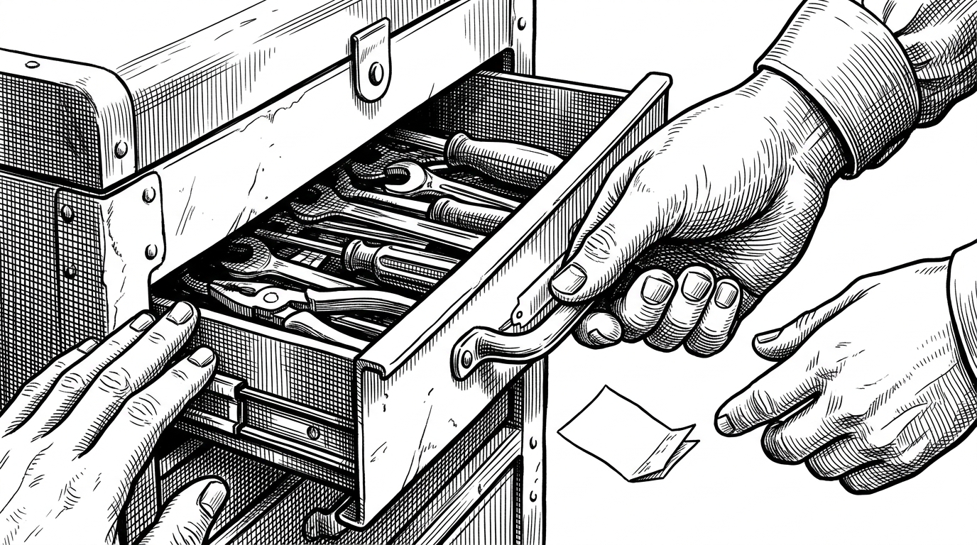 A tight close-up shows an agent peering into a toolbox while a small resource tag hangs just out of sight behind a drawer handle. It illustrates the discovery problem the repo keeps returning to, where a good skill still gets missed without an explicit nudge.