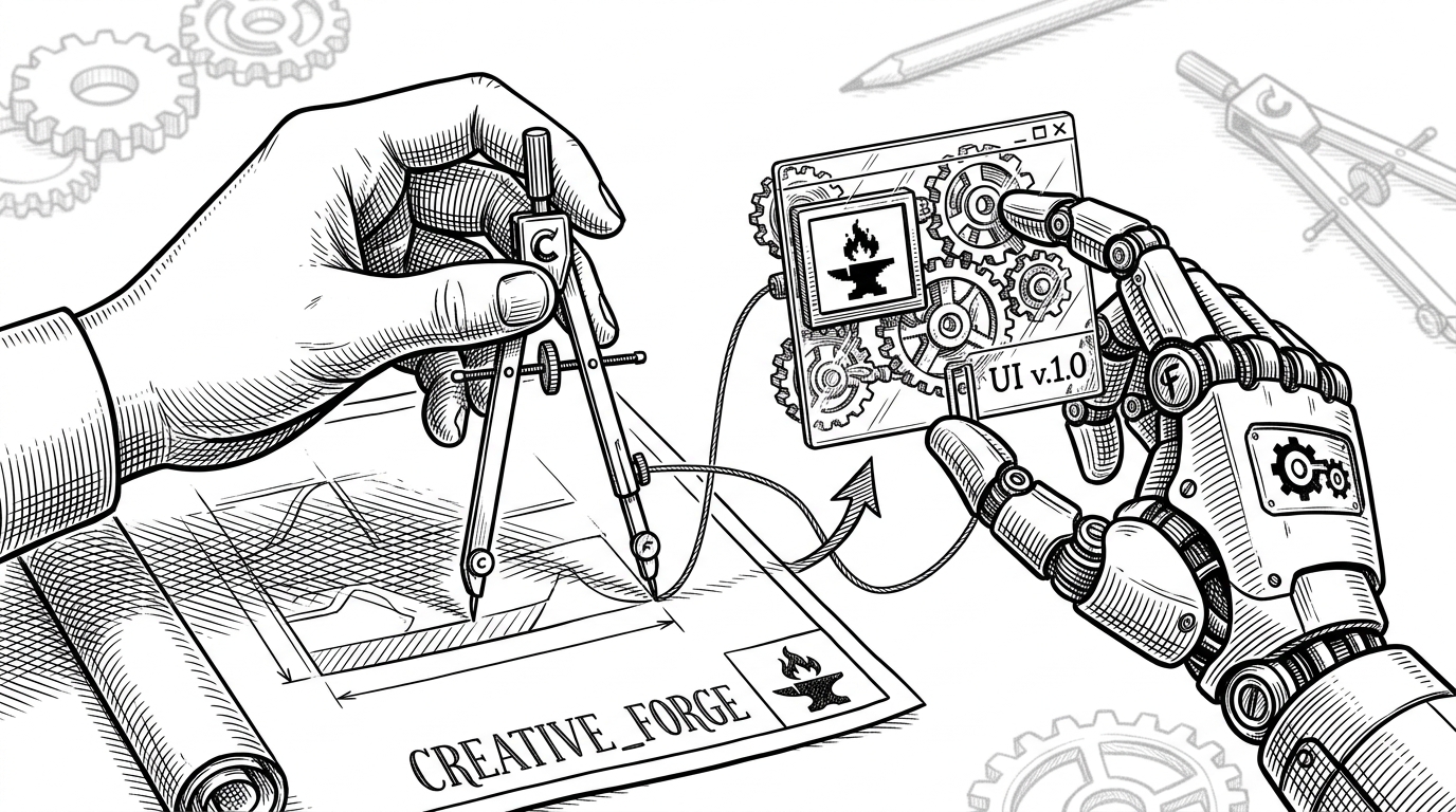 A close-up of a human hand holding a drafting compass over a blueprint, connected by a taut thread to a mechanical robot hand assembling a miniature UI dashboard out of physical gears and glass.