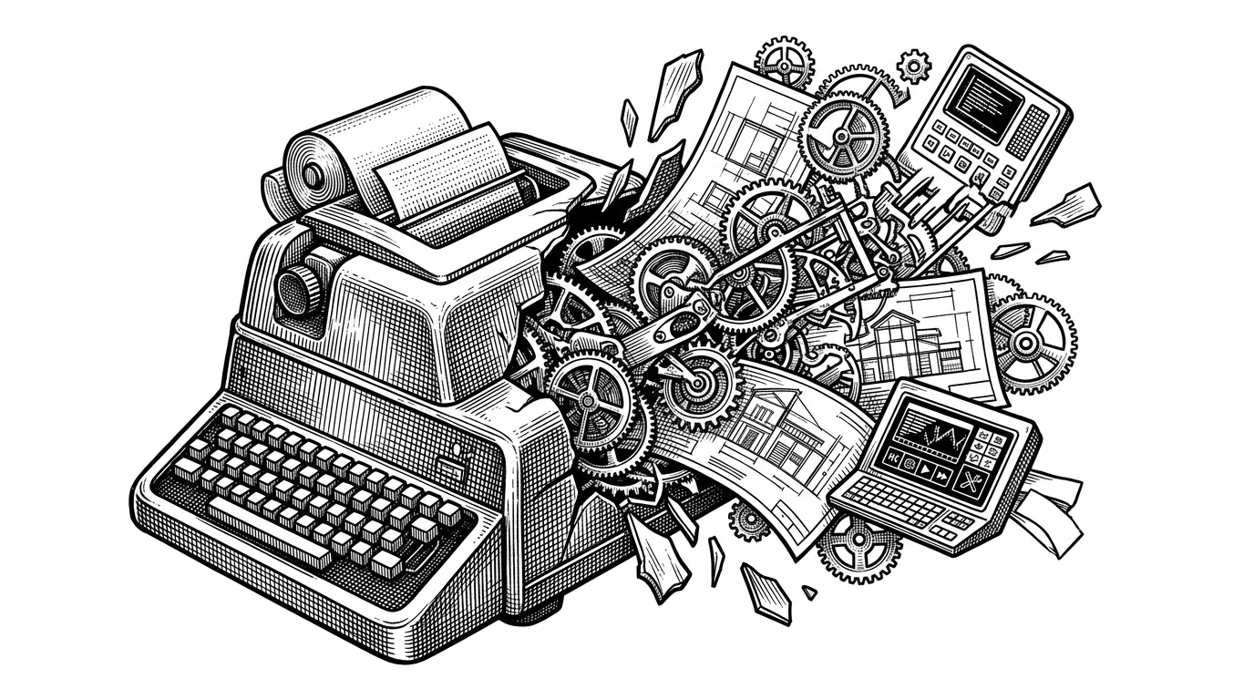 A classic mechanical teletype machine bursting open to reveal complex, glowing clockwork mechanisms and interactive control panels. This represents the transition from a rigid text-only interface to rich, dynamic applications.