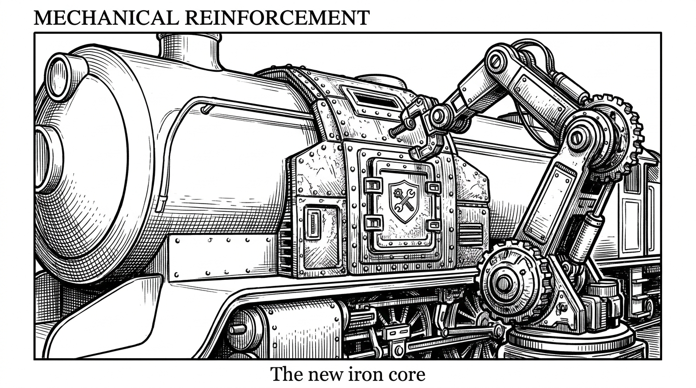 A close-up of a pristine locomotive engine having a heavy armored plate bolted onto its side by a robotic arm. This represents the additive and composable nature of the ext-auth specification wrapping the lightweight core MCP.